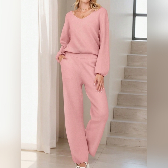 Women's Spring/Autumn Casual Solid Color Drop Shoulder Sweater And Pants - Picture 1 of 4